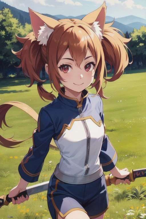 (Photo:1.3), highdetail, Silica_ALO, solo, smile, running, grass, looking at viewer, twin ponytails, holding sword, cat ears, (acclaimed, alluring, captivating, exciting, gorgeous, striking:1.3), beautiful, (highly detailed, high quality:1.3)