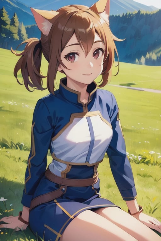 (Photo:1.3), highdetail, , Silica_ALO, solo, smile, sitting, grass, looking at viewer, twin ponytails, head rest, cat ears, (acclaimed, alluring, captivating, exciting, gorgeous, striking:1.3), beautiful, (highly detailed, high quality:1.3)