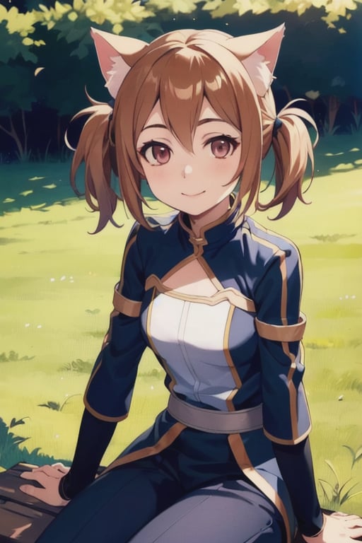 (Photo:1.3), highdetail, , Silica_ALO, solo, smile, sitting, grass, looking at viewer, twin ponytails, head rest, cat ears, (acclaimed, alluring, captivating, exciting, gorgeous, striking:1.3), beautiful, (highly detailed, high quality:1.3)