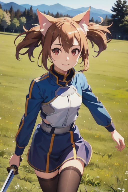 (Photo:1.3), highdetail, Silica_ALO, solo, smile, running, grass, looking at viewer, twin ponytails, holding sword, cat ears, (acclaimed, alluring, captivating, exciting, gorgeous, striking:1.3), beautiful, (highly detailed, high quality:1.3)