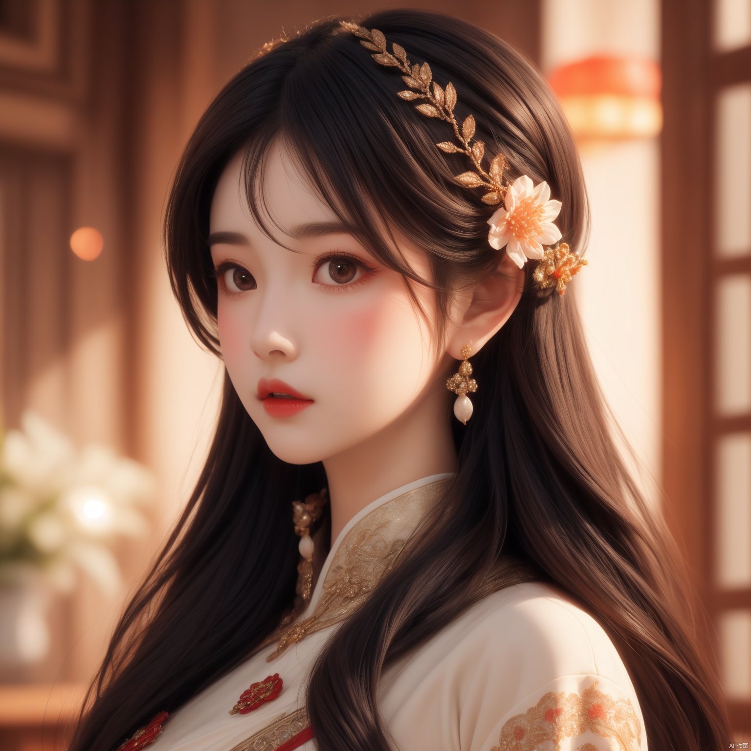  jueshimeinv,1girl,delicate face,intricate ancient hair style,red forehead_mark,hair ornament,petal,(front view:1.5),face to camera,(look at viewer),,upper body,close up,gogerous dress,antique hairstyle
