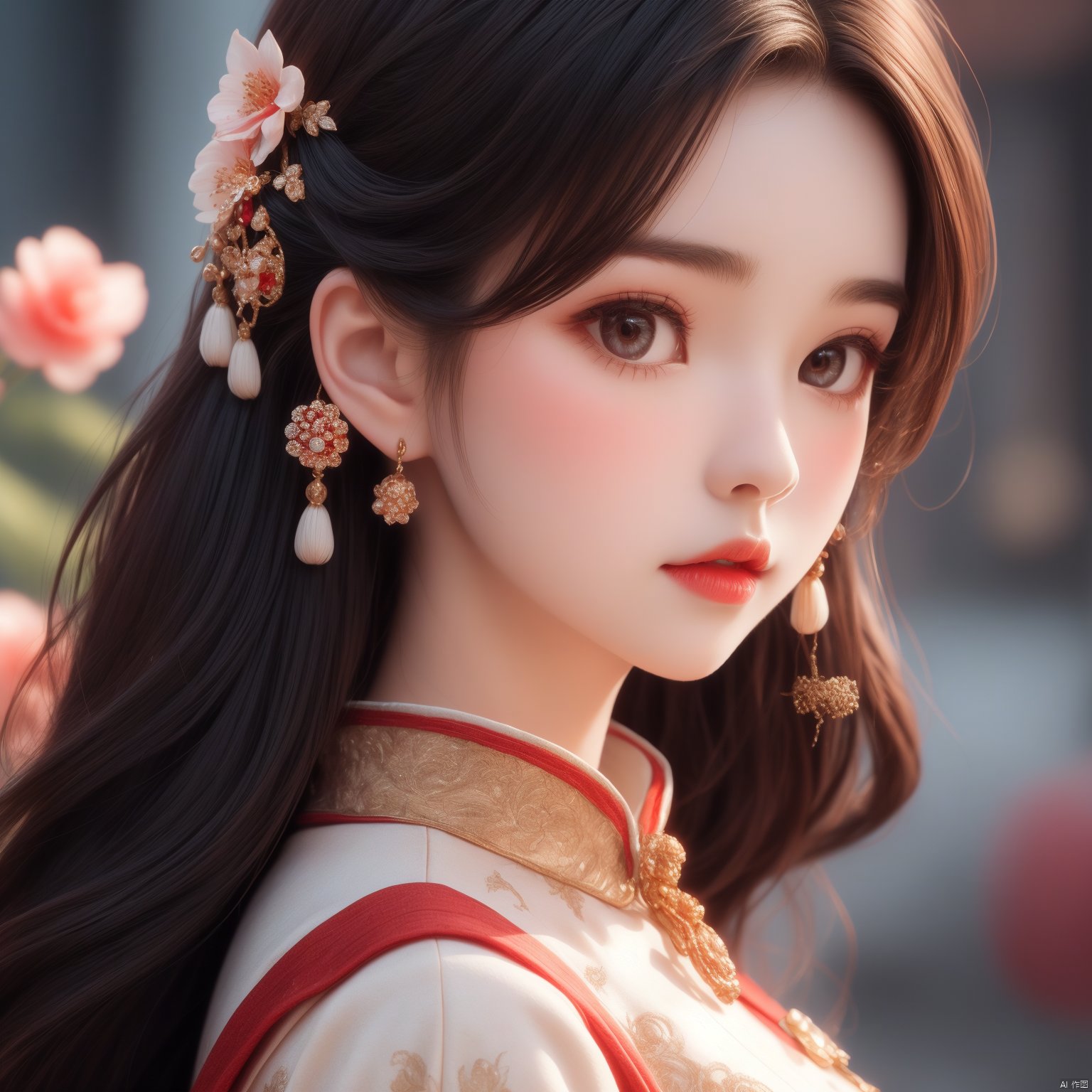  jueshimeinv,1girl,delicate face,intricate ancient hair style,red forehead_mark,hair ornament,petal,(front view:1.5),face to camera,(look at viewer),,upper body,close up,gogerous dress,antique hairstyle
