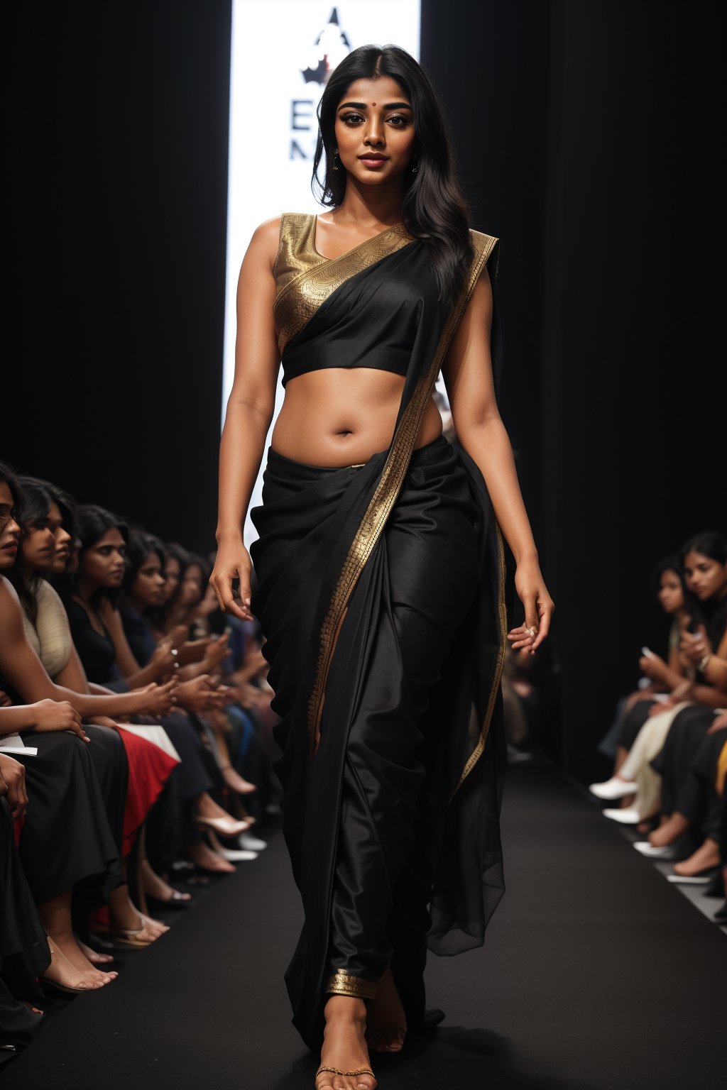 Confident Indian beauty model walks down a sleek black catwalk, sari flowing elegantly behind her. The crowd erupts in cheers as she poses, spotlighting the latest fashion designs against the dramatic dark backdrop. Lighting highlights her figure, framing the stunning outfit with precision.,Illustration ,18yo girl