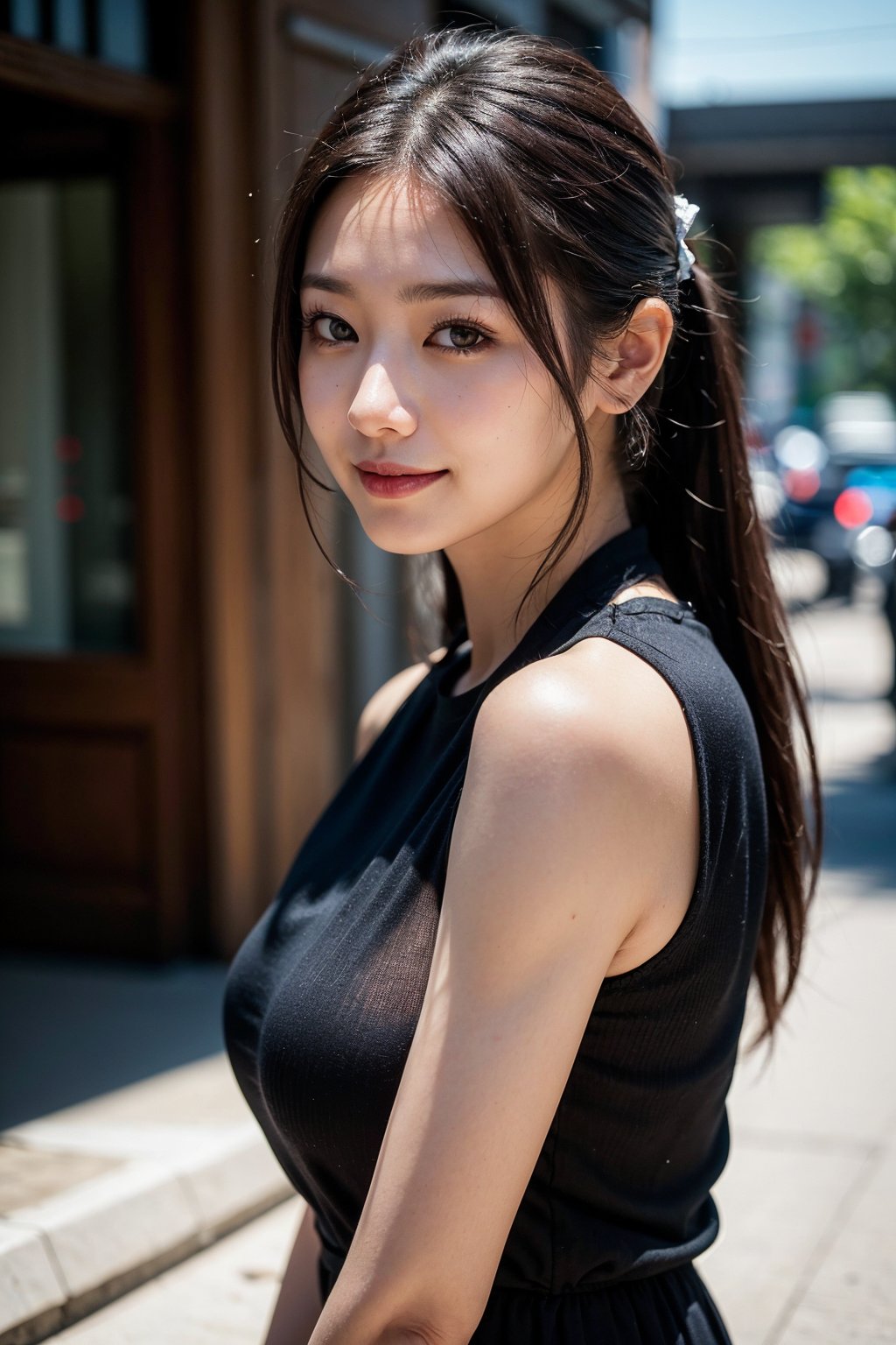 Best quality,  raw photo,  photorealism,  UHD, lifelike rendering,  (upper body portrait:1.2),  Photo of Beautiful Korean woman,  mid-twenty,  kpop idol,  stunning,  medium dark brown ponytail,  double eyelids,  dark brown eyes,  daily makeup,  natural medium-large breasts,  tall body,  soft curves,  pale skin,  daily outfit,  chiffon dress,  sharp focus,  Korean beauty milf,  smile,  gaze at camera,  from side below,  closed to up,  thighs focus,  detailed eyes and facial,  detailed real skin texture,  detailed fabric rendering,  natural sunlight,  ray tracing