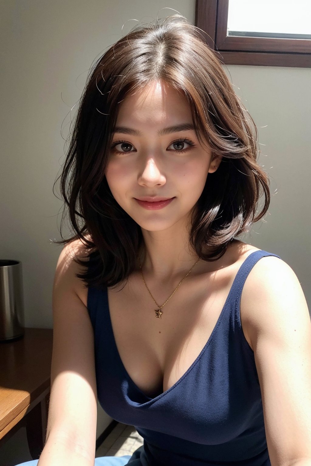 (Best quality, 8k, raw photo, Masterpiece, 32k UHD),  (upper body portrait:1.2),  Photo of Beautiful Japanese woman,  20yo ol, (short dark brown hair),  double eyelids, dark brown eyes, daily makeup,  natural medium-large breasts, soft curves,  pale skin,  daily outfit,  necklace, blue dress,  sharp focus, charming face, enchanting smile,  look at viewer,  from below,  upper body focus,  detailed eyes and facial,  detailed real skin texture,  detailed fabric rendering,  natural sunlight,  ray tracing