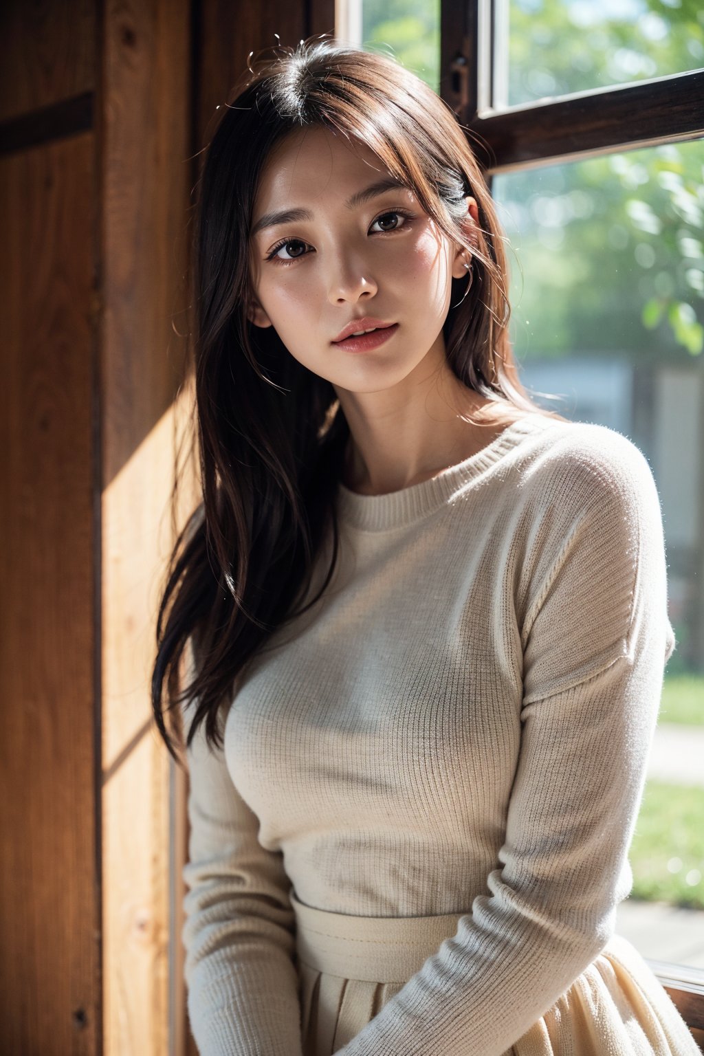 (Best quality, 8k, raw photo, 32k UHD),Photo of Beautiful Japanese woman,  20yo,  Jpop idol,  stunning, short dark brown hair, double eyelids, dark brown eyes, soft curves,  pale skin, white knits dress,  sharp focus, charming face, enchanting smile,  look at camera, from below,  upper body focus,  detailed eyes and facial,  detailed real skin texture,  detailed fabric rendering,  natural sunlight,  ray tracing