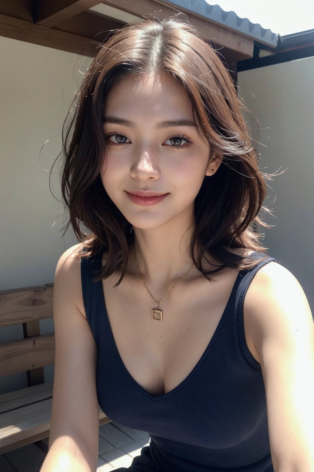 (Best quality, 8k, raw photo, Masterpiece, 32k UHD),  (upper body portrait:1.2),  Photo of Beautiful Japanese woman,  20yo ol, (short dark brown hair),  double eyelids, dark brown eyes, daily makeup,  natural medium-large breasts, soft curves,  pale skin,  daily outfit,  necklace, blue dress,  sharp focus, charming face, enchanting smile,  look at viewer,  from below,  upper body focus,  detailed eyes and facial,  detailed real skin texture,  detailed fabric rendering,  natural sunlight,  ray tracing