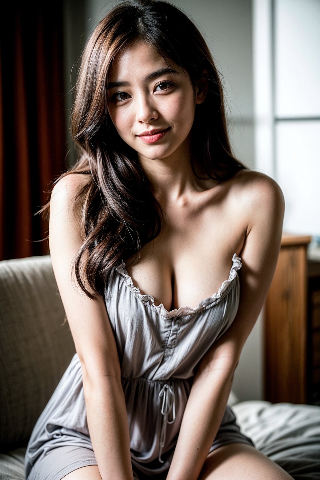 Best quality, 8k, 32k, raw photo, photorealistic, UHD, lifelike rendering, Photo of Pretty Japanese woman, early-twenty, kume, (medium dark brown hair), double eyelids, dark brown eyes, glossy lips, exquisite facial, daily makeup, natural medium-large breasts, slender plump body, soft curves, (pale skin:1.3), firm skin, daily outfit, tulle-chiffon floral loose dress, sharp focus, charming face, smile, look at camera, closed to up, detailed fabric rendering, professional lightning, ray tracing 