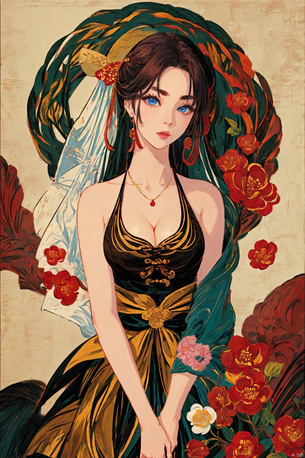  (Masterpiece:1.2, high quality),(pixiv:1.4),Eyebrows like willow leaves,The face is as beautiful as a flower,the eyes are tender. Small waist,big breasts,revealing cleavage; Lips slightly open,seductive expression.,girl,, mwuxia, mxianv, mhongmo