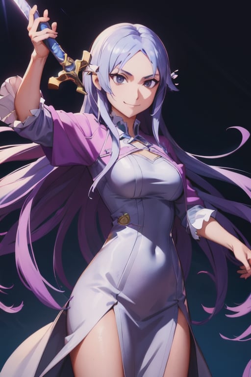 Quinella_Admin, smirk, holding sword, fighting stance, (acclaimed, alluring, captivating, exciting, gorgeous, striking:1.3), (highly detailed, high quality:1.3)