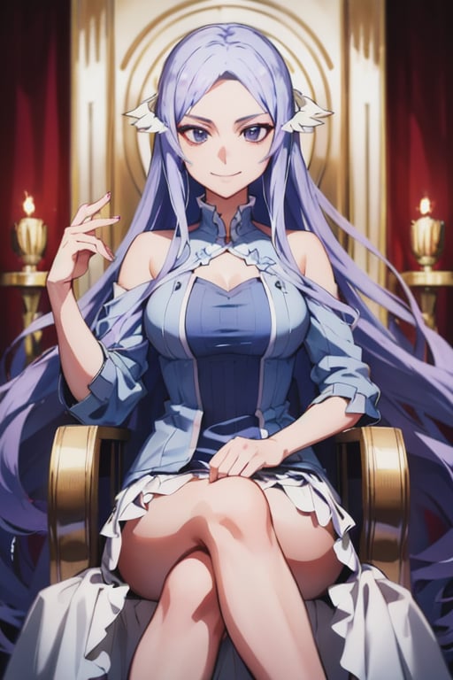 Quinella_Admin, smirk, sitting, throne, (acclaimed, alluring, captivating, exciting, gorgeous, striking:1.3), (highly detailed, high quality:1.3)