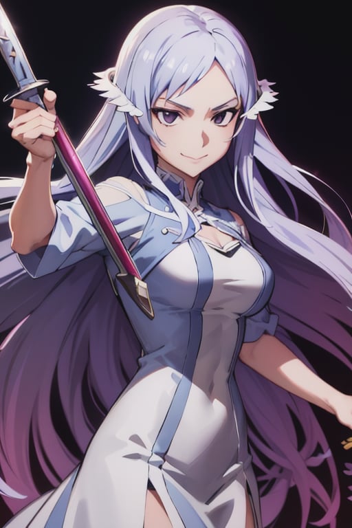Quinella_Admin, smirk, holding sword, fighting stance, (acclaimed, alluring, captivating, exciting, gorgeous, striking:1.3), (highly detailed, high quality:1.3)