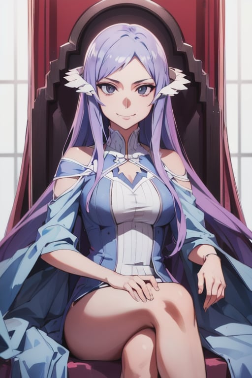 Quinella_Admin, smirk, sitting, throne, (acclaimed, alluring, captivating, exciting, gorgeous, striking:1.3), (highly detailed, high quality:1.3)