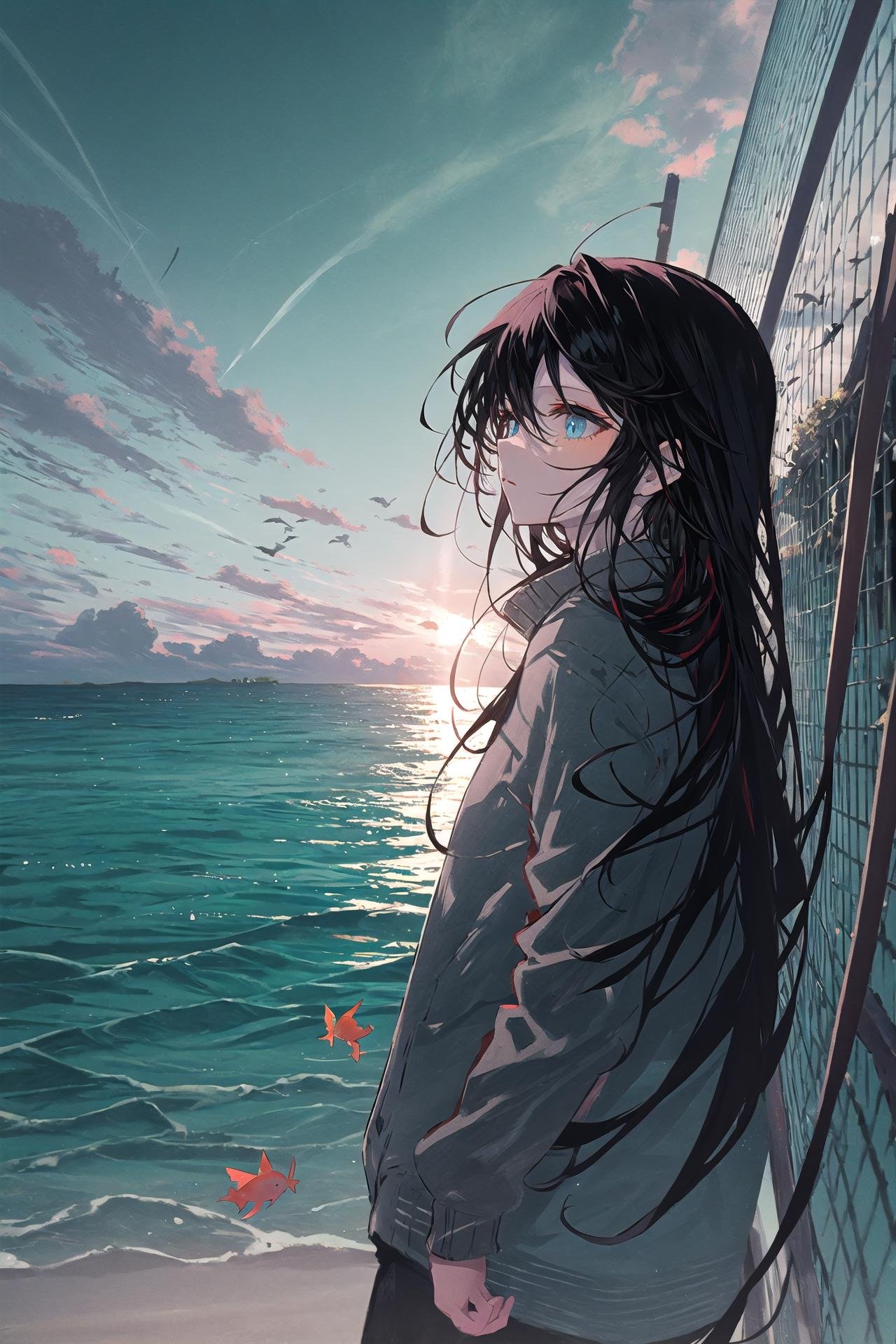 1girl, solo, long hair, blue eyes, black hair ,scenery, sky, cloud, outdoors, day, whale, blue sky, tree, fish, leaf, nature, ocean, cloudy sky, fence, landscape, fantasy, animal ,///////////   <lora:arutera-000212:1>