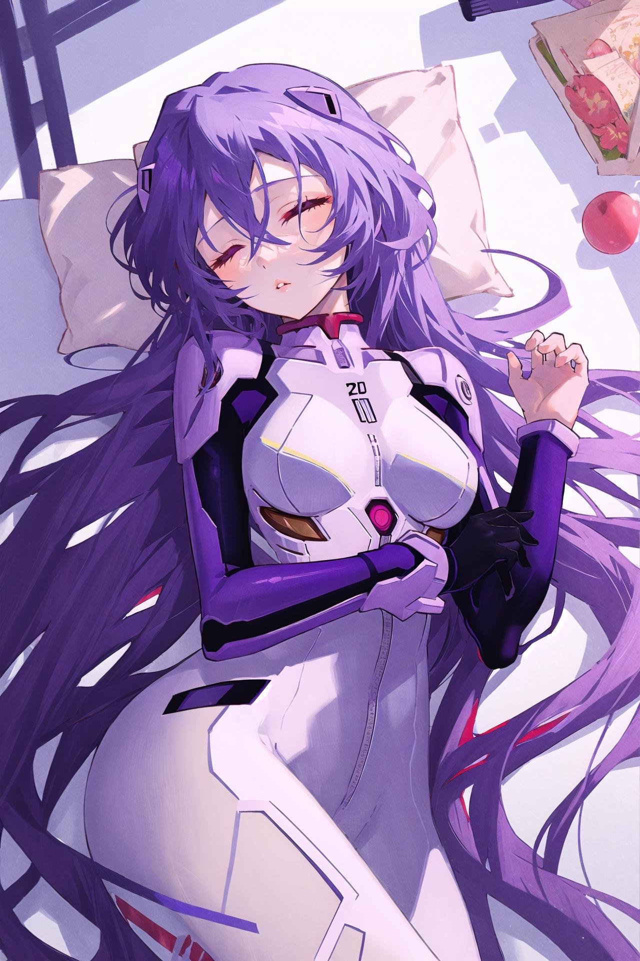 1girl, solo, long hair, plugsuit, ayanami rei, bodysuit, white bodysuit, very long hair, hair between eyes, breasts, upper body, looking at viewer, blue hair, parted lips, red eyes, bangs, white background, medium breasts, interface headset ,sleeping, animal focus, cat, realistic, animal, lying, closed eyes, shadow, whiskers, full body, on side ,///////////   <lora:arutera-000212:1>