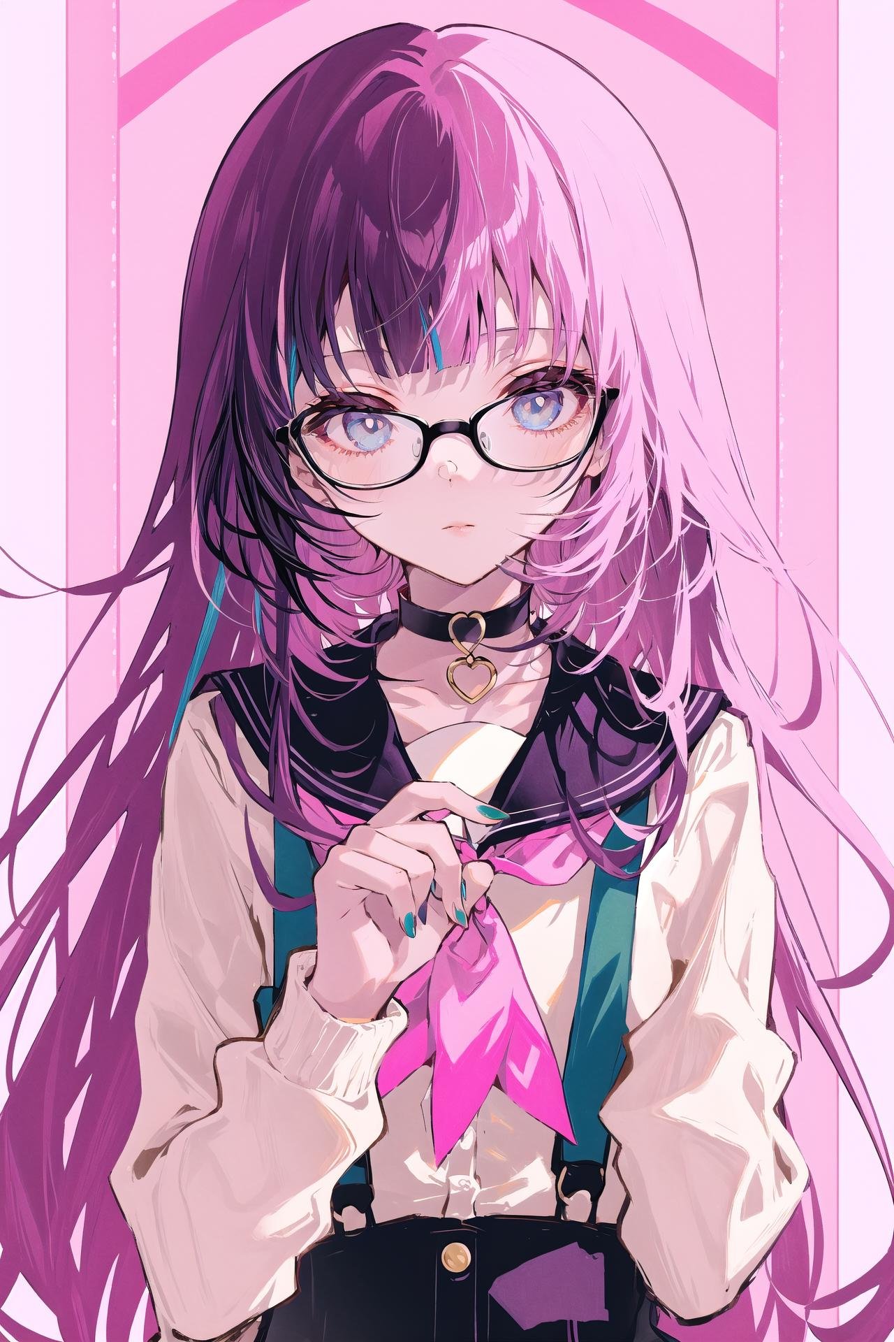 1girl, green-framed eyewear, solo, long hair, glasses, bandaid on hand, pink hair, bandaid, multicolored hair, sailor collar, blue eyes, suspenders, bangs, multicolored nails, choker, collar, nail polish, looking at viewer, upper body, long sleeves, pink collar, ring, neckerchief, claw pose, purple hair, pink ascot, shirt, black hair, blunt bangs, hands up ,///////////   <lora:arutera-000212:1>