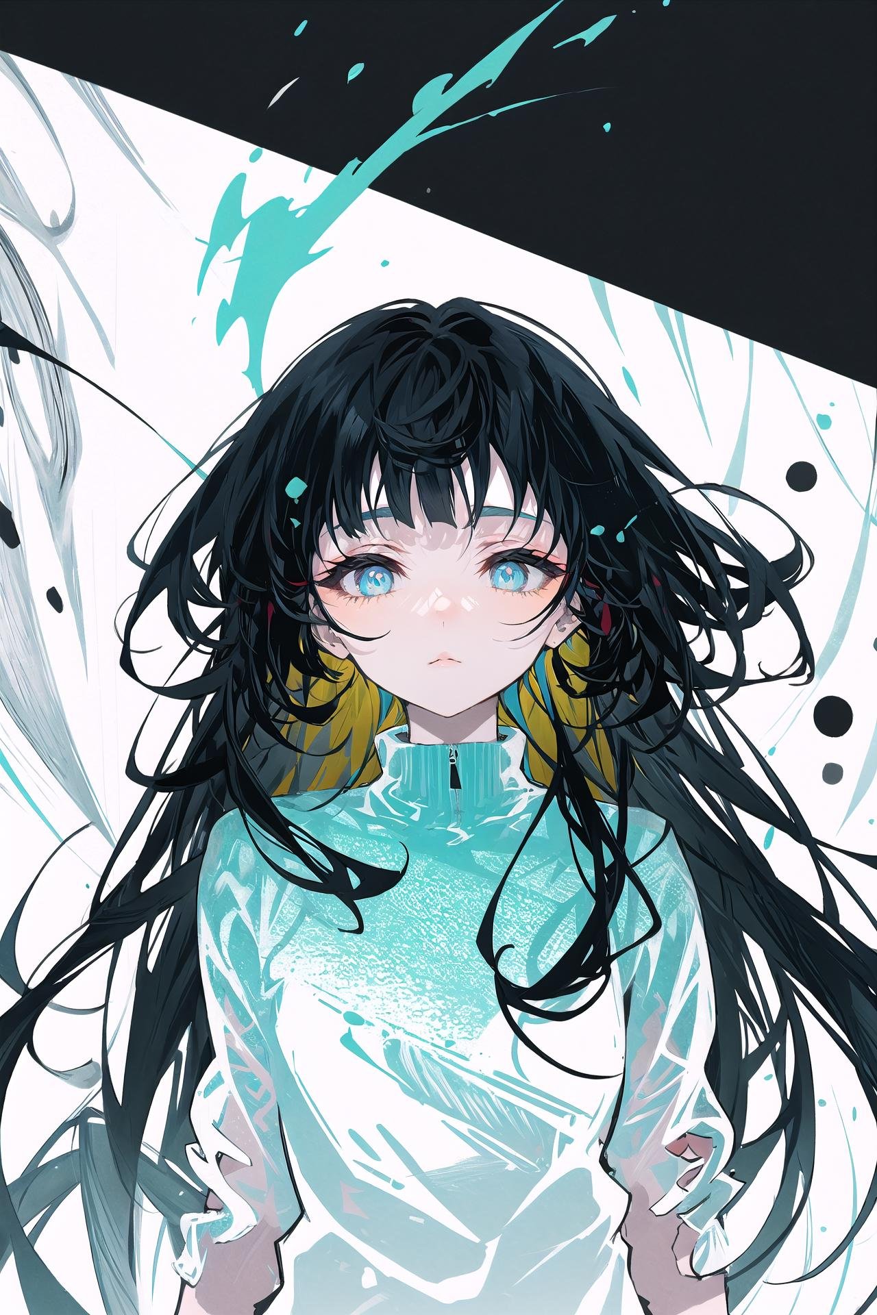 1girl, solo, abstract, long hair, black hair, spot color, blue eyes, closed mouth, bangs ,///////////   <lora:arutera-000212:1>