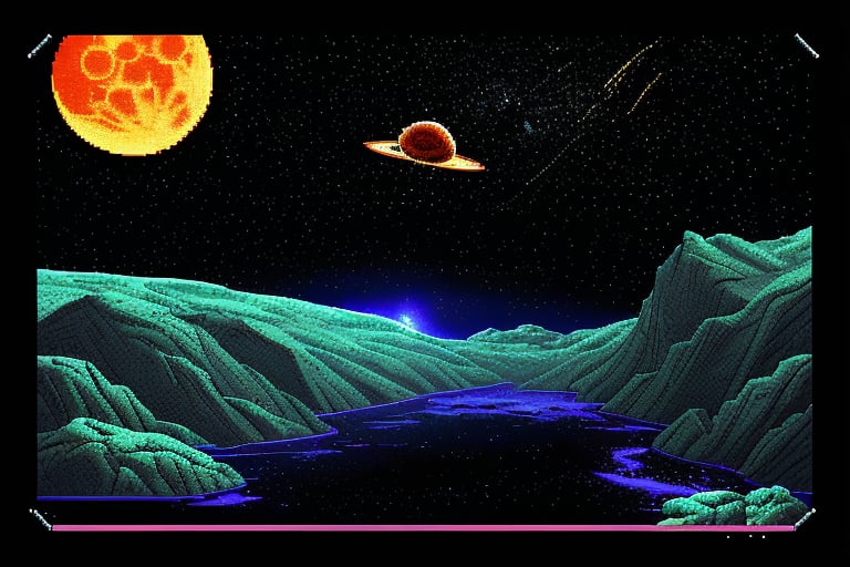 ega_pixel_art dos game, sci-fi, space, asteroids floating, moon, pixel art, 