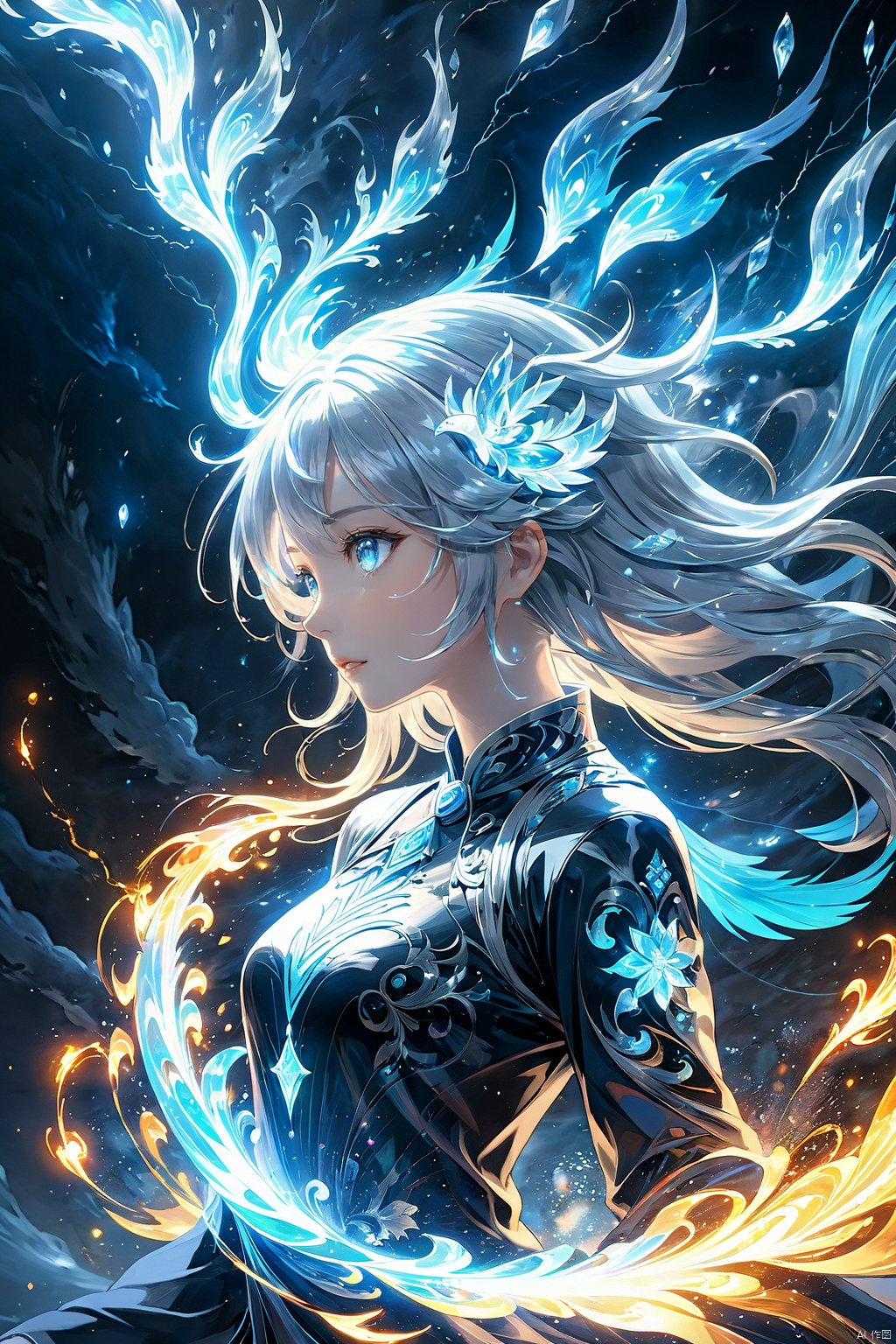  (masterpiece, top quality, best quality, official art, beautiful and aesthetic:1.2),(1girl:1.2),cute,extreme detailed,(abstract:1.4, fractal art:1.3),(silver_hair:1.1),fate \(series\),colorful,highest detailed,fire,ice,lightning,Wind, thunder, fire, mountains,Dongfang Long, Phoenix,(splash_art:1.2),jewelry:1.4,scenery,ink,