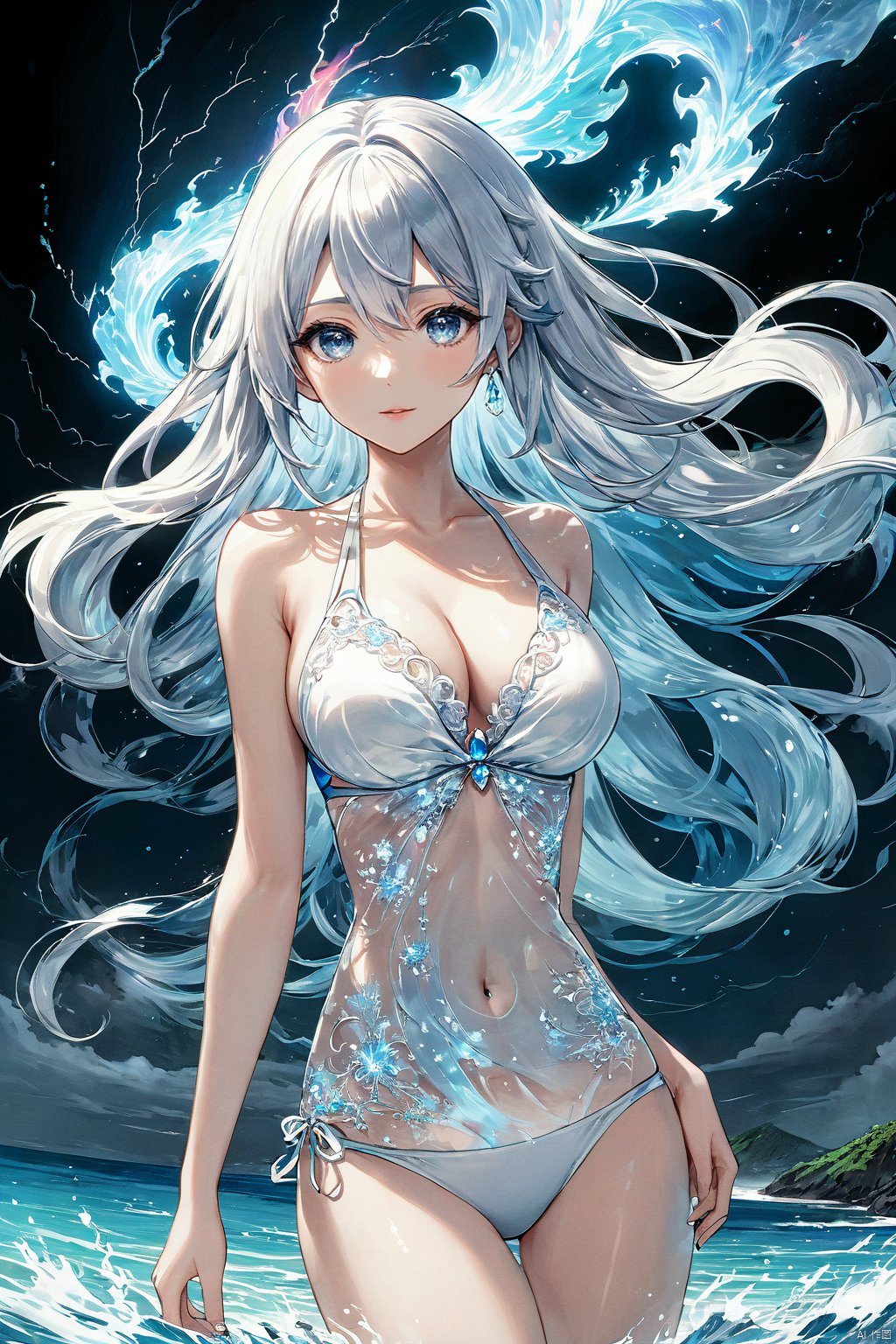  (masterpiece, top quality, best quality, official art, beautiful and aesthetic:1.2),(1girl:1.2),cute,extreme detailed,(abstract:1.4, fractal art:1.3),(silver_hair:1.1),colorful,highest detailed,fire,ice,lightning,Wind, thunder, fire, mountains,burning,transparency,fire,(molten rock),flame skin,flame print,fiery hair,smoke,cloud,cleavage,big breasts,(splash_art:1.2),jewelry:1.4,scenery,ink,1girl,solo,navel,bare shoulders,beach,bikini,eyebrows hidden by hair,hair between eyes,highres,long hair,looking at viewer,ocean,swimsuit,white bikini,white hair,looking at viewer,simple background,transparent background,white background,portrait,