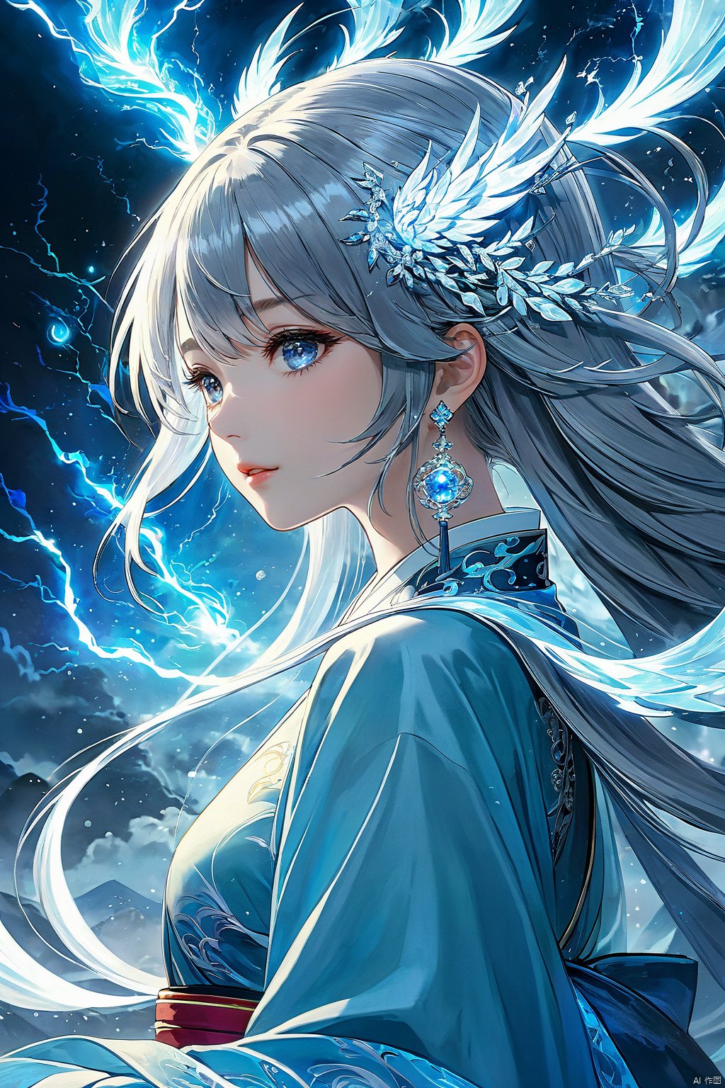  (masterpiece, top quality, best quality, official art, beautiful and aesthetic:1.2),(1girl:1.2),cute,extreme detailed,(abstract:1.4, fractal art:1.3),(silver_hair:1.1),fate \(series\),colorful,highest detailed,fire,ice,lightning,Wind, thunder, fire, mountains,Dongfang Long, Phoenix,(splash_art:1.2),jewelry:1.4,hanfu,scenery,ink,