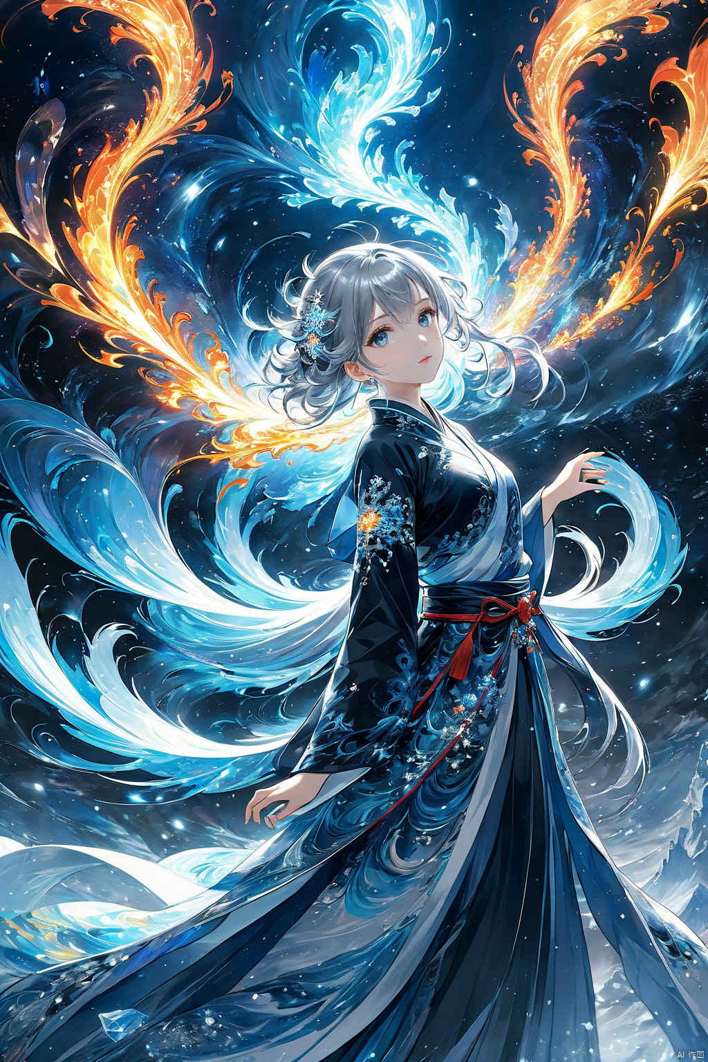  (masterpiece, top quality, best quality, official art, beautiful and aesthetic:1.2),(1girl:1.2),cute,extreme detailed,(abstract:1.4, fractal art:1.3),(silver_hair:1.1),fate \(series\),colorful,highest detailed,fire,ice,lightning,(splash_art:1.2),jewelry:1.4,hanfu,scenery,ink,