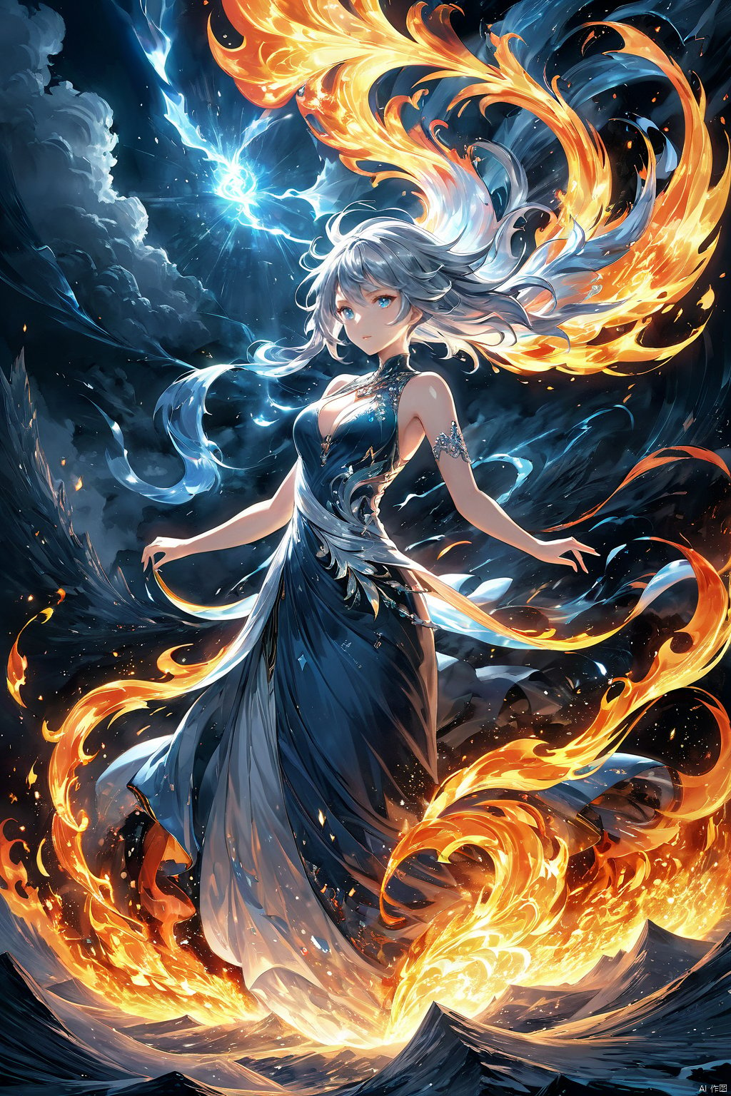  (masterpiece, top quality, best quality, official art, beautiful and aesthetic:1.2),(1girl:1.2),cute,extreme detailed,(abstract:1.4, fractal art:1.3),(silver_hair:1.1),fate \(series\),colorful,highest detailed,fire,ice,lightning,Wind, thunder, fire, mountains,Dongfang Long, Phoenix,burning,transparency,fire,(molten rock),flame skin,flame print,fiery hair,smoke,cloud,cleavage,big breasts,a girl wrapped in flames soaring flames radiating sparks,the burning hand,(splash_art:1.2),jewelry:1.4,scenery,ink,