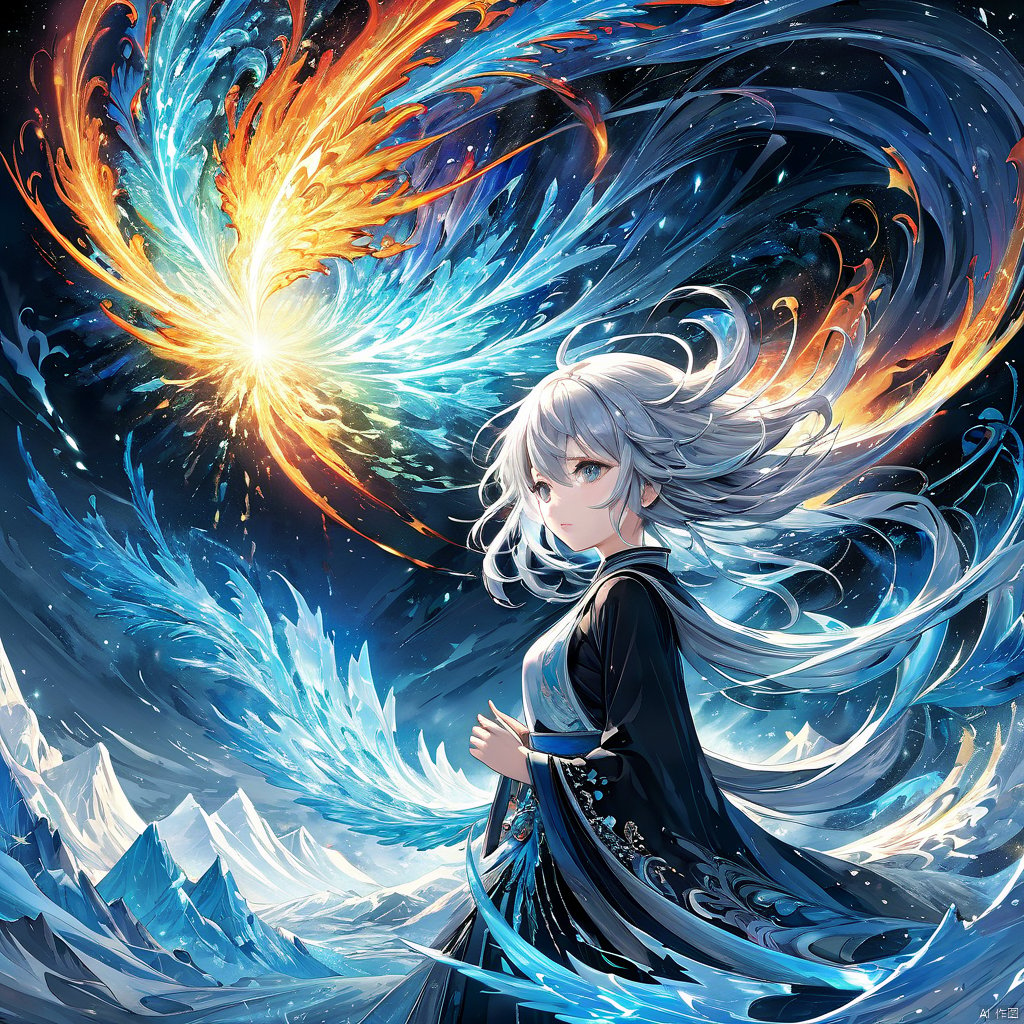  (masterpiece, top quality, best quality, official art, beautiful and aesthetic:1.2),(1girl:1.2),cute,extreme detailed,(abstract:1.4, fractal art:1.3),(silver_hair:1.1),fate \(series\),colorful,highest detailed,fire,ice,lightning,Wind, thunder, fire, mountains,Dongfang Long, Phoenix,(splash_art:1.2),jewelry:1.4,scenery,ink,