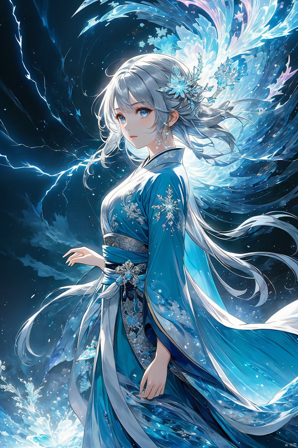  (masterpiece, top quality, best quality, official art, beautiful and aesthetic:1.2),(1girl:1.2),cute,extreme detailed,(abstract:1.4, fractal art:1.3),(silver_hair:1.1),fate \(series\),colorful,highest detailed,fire,ice,lightning,(splash_art:1.2),jewelry:1.4,hanfu,scenery,ink,