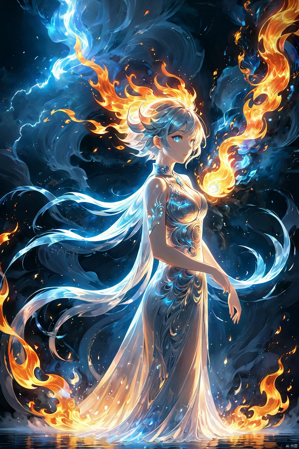  (masterpiece, top quality, best quality, official art, beautiful and aesthetic:1.2),(1girl:1.2),cute,extreme detailed,(abstract:1.4, fractal art:1.3),(silver_hair:1.1),fate \(series\),colorful,highest detailed,fire,ice,lightning,Wind, thunder, fire, mountains,Dongfang Long, Phoenix,burning,transparency,fire,(molten rock),flame skin,flame print,fiery hair,smoke,cloud,cleavage,big breasts,a girl wrapped in flames soaring flames radiating sparks,the burning hand,(splash_art:1.2),jewelry:1.4,scenery,ink,