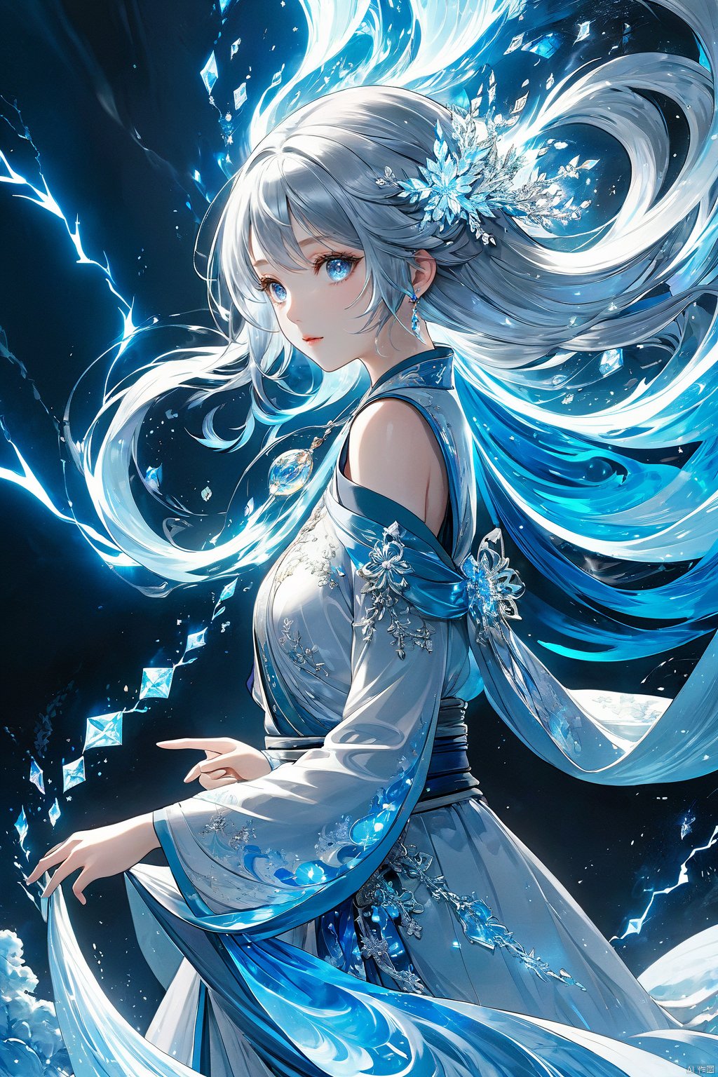  (masterpiece, top quality, best quality, official art, beautiful and aesthetic:1.2),(1girl:1.2),cute,extreme detailed,(abstract:1.4, fractal art:1.3),(silver_hair:1.1),fate \(series\),colorful,highest detailed,fire,ice,lightning,(splash_art:1.2),jewelry:1.4,hanfu,scenery,ink,