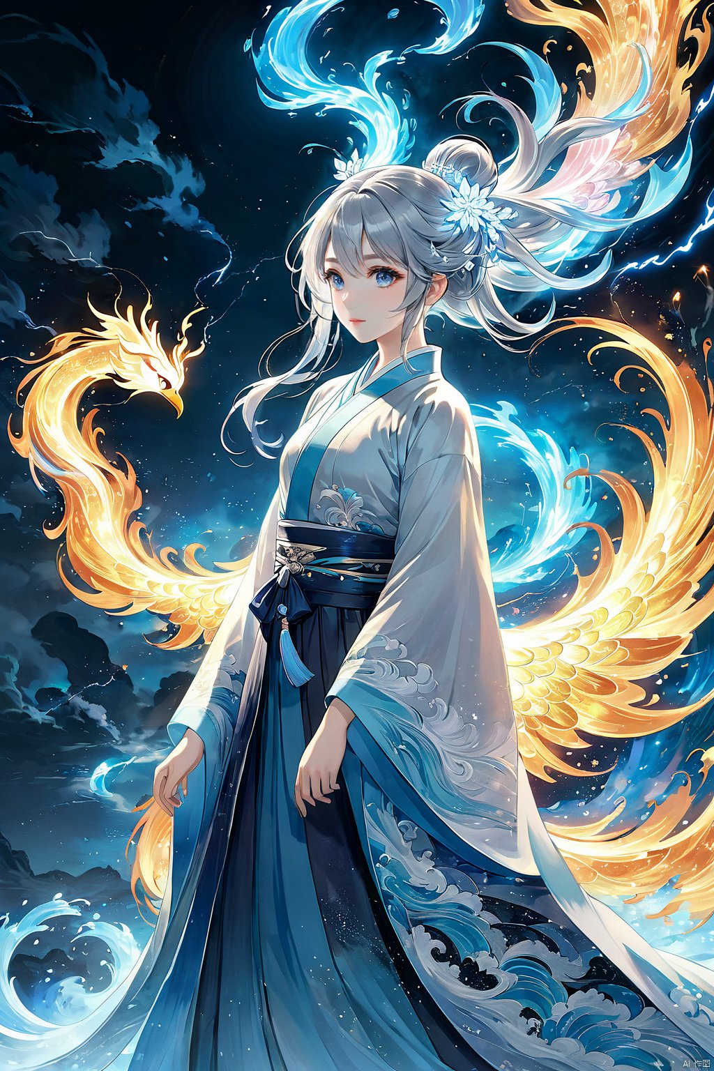  (masterpiece, top quality, best quality, official art, beautiful and aesthetic:1.2),(1girl:1.2),cute,extreme detailed,(abstract:1.4, fractal art:1.3),(silver_hair:1.1),fate \(series\),colorful,highest detailed,fire,ice,lightning,Wind, thunder, fire, mountains,Dongfang Long, Phoenix,(splash_art:1.2),jewelry:1.4,hanfu,scenery,ink,