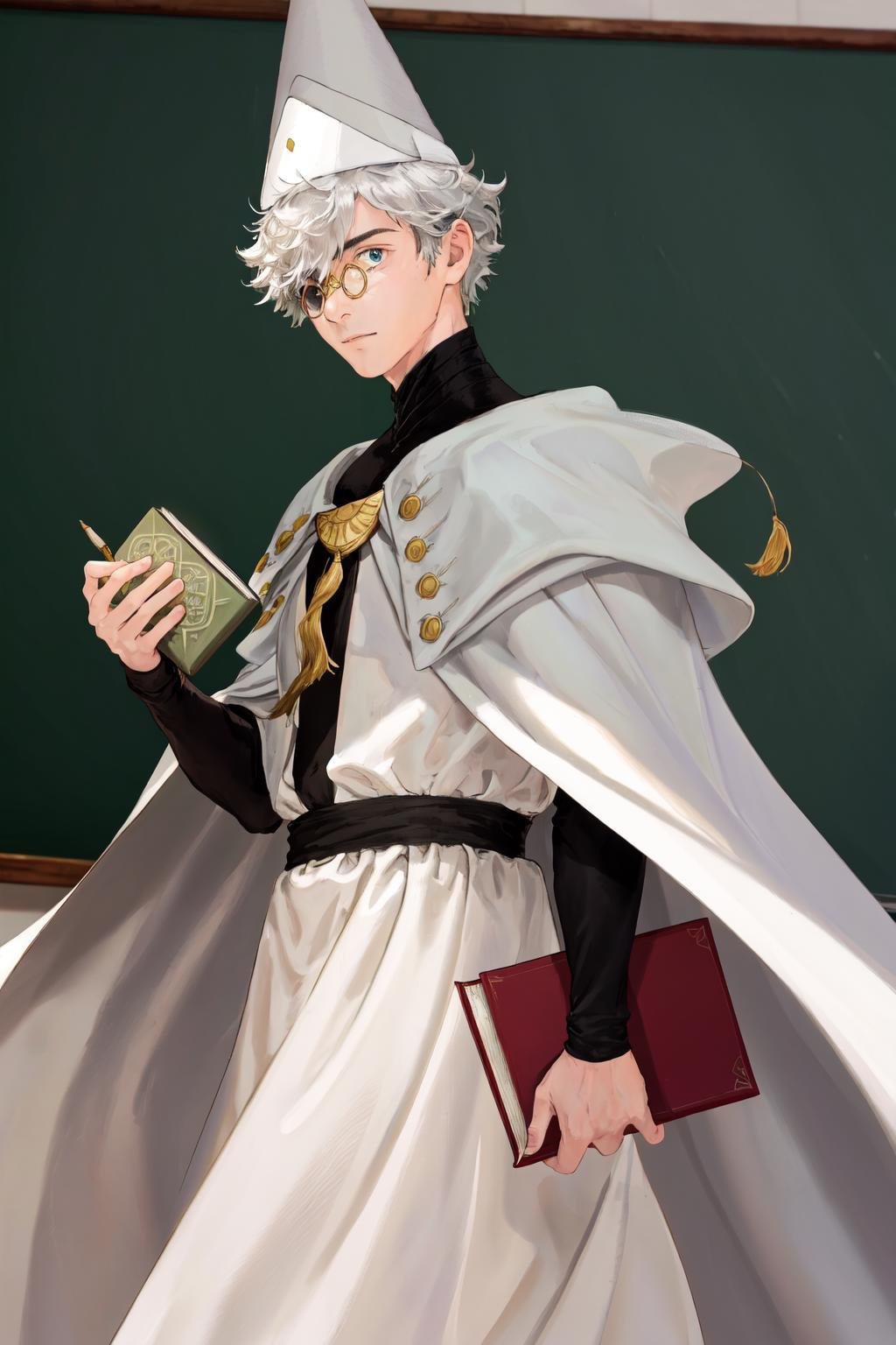 masterpiece, best quality, highres, 1boy glasses, hat, white cape white robe <lora:qifrey:1> classroom, chalkboard, holding book, from side