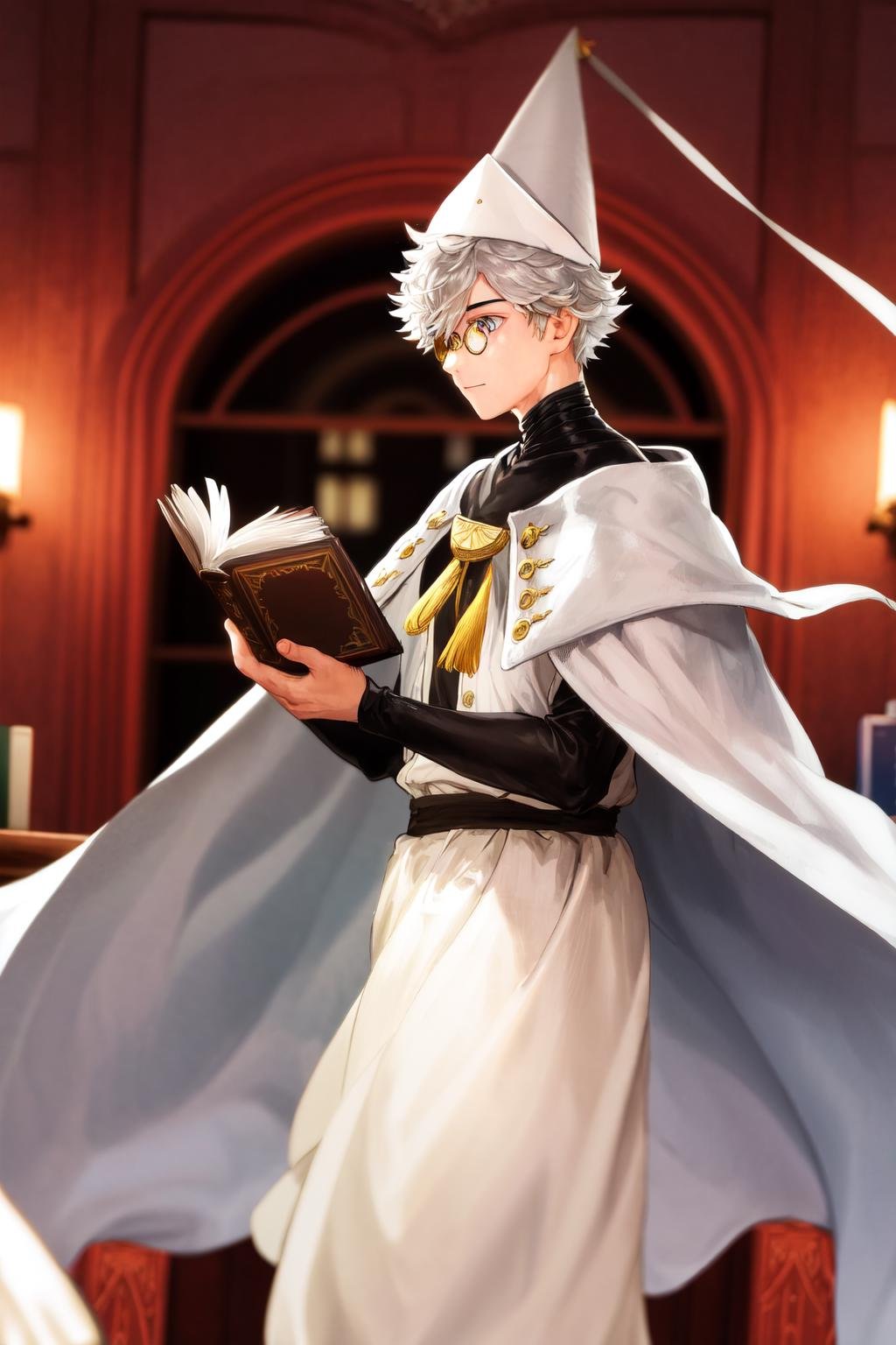 masterpiece, best quality, highres, 1boy glasses, hat, white cape white robe <lora:qifrey:1> holding book, book stack, from side