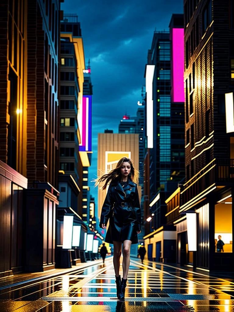 1 girl,  walking on street,  colorfulnight, vertical decoration, Frames,  horizontal decorative, Void volumes,<lora:EMS-179-EMS:0.300000>,<lora:EMS-263629-EMS:1.000000>,<lora:EMS-242016-EMS:0.700000>