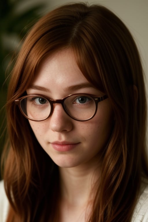 professional, masterpiece, 8k, hyperrealistic portrait of a 20yo cute ginger girl, long hair, redhead, glasses, (looking shy:1.3), freckles, detailed face, detailed skin, photography, hq, photorealistic,japanese,asian