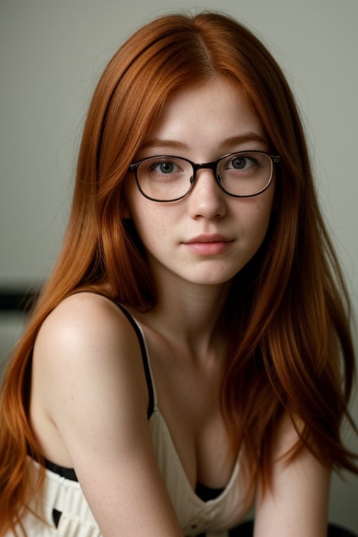 professional, masterpiece, 8k, hyperrealistic portrait of a 20yo cute ginger girl, long hair, redhead, glasses, (looking shy:1.3), freckles, detailed face, detailed skin, photography, hq, photorealistic,japanese,asian