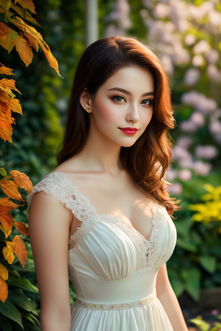 (young adult,  beautiful,  seductive,  alluring),  (best quality,  highres,  ultra-detailed),  (oil painting,  fine art),  (vibrant colors,  warm tones),  (soft lighting,  dramatic shadows),  (deep gaze,  captivating eyes),  (rosy lips,  luscious mouth),  (porcelain skin,  flawless complexion),  (elegant dress,  revealing neckline),  (attractive pose,  confident stance),  (lush garden background,  blooming flowers),  (subtle breeze,  swaying leaves),  (romantic atmosphere,  dreamy ambiance),  (sensual expression,  subtle smile)
