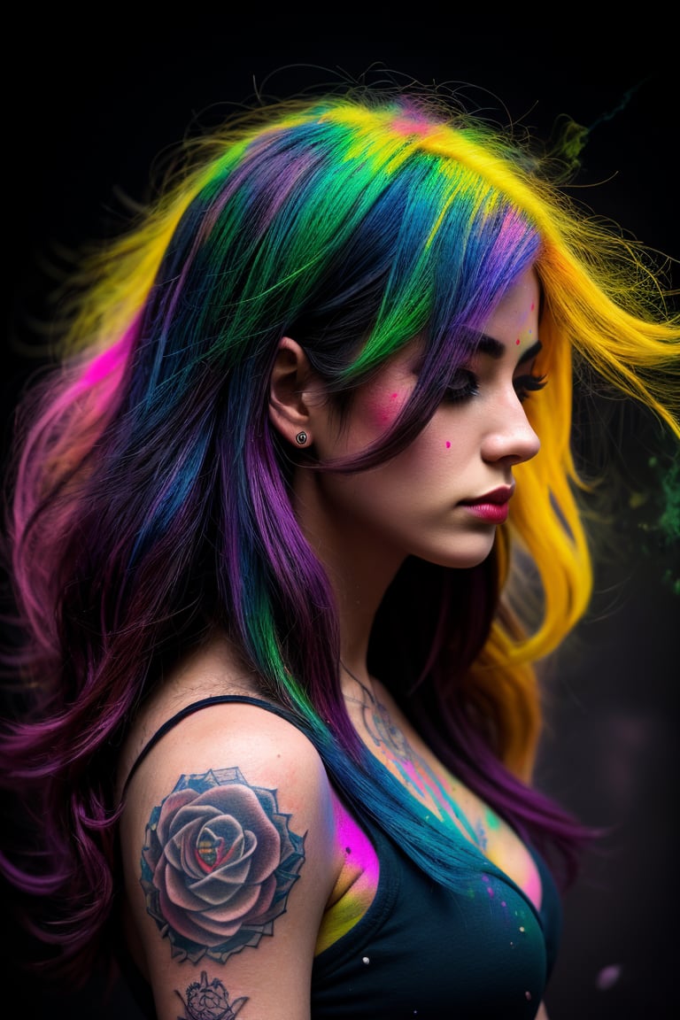 best quality,  32K,  highres,  masterpiece),  ultra-detailed photography capturing a woman with vibrant ombre hair in a side view. The scene is set in a (dark room photography) illuminated by a burst of (super colorful dust splash) in the background. A tattooed man complements the composition,  adding an edgy and dynamic element to the visually stunning and holi colors-inspired imagery