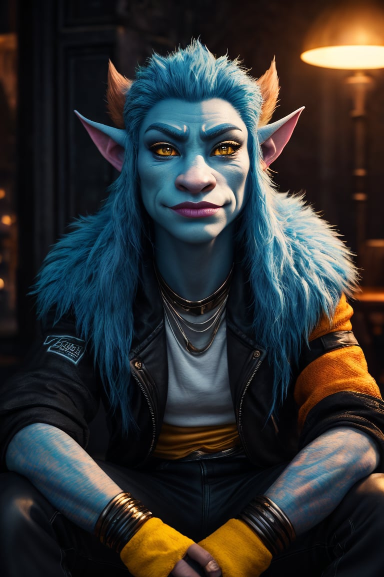 (best quality, 8K, highres, masterpiece), ultra-detailed, (vibrant, colorful) troll sitting with very detailed face, featuring blue skin and striking white eyes. The mood is transformed into an epic and lively atmosphere, shot on Kodak Vision3 for maximum color richness. The scene is filled with intricate and hyperdetailed details, showcasing the troll's vibrant presence. In 8K HDR, the high detailed image is bathed in soft cinematic light, creating a dramatic atmosphere with an explosion of colors and atmospheric perspective