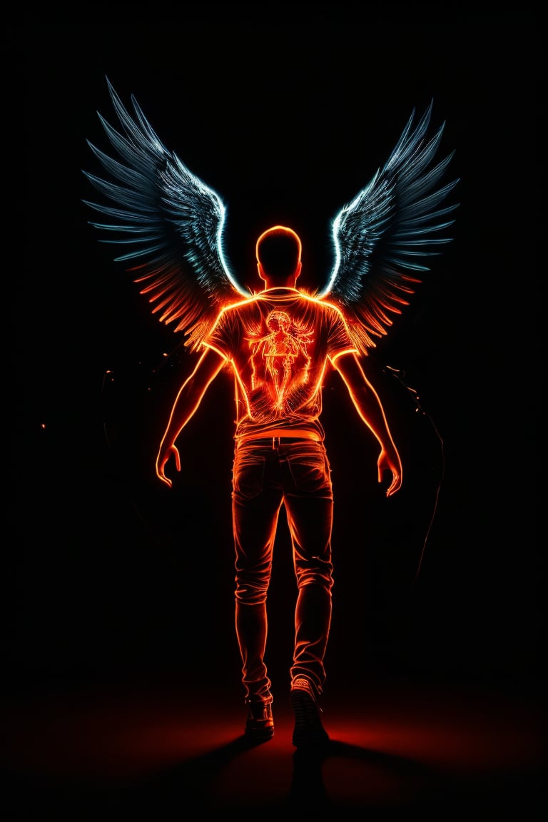 (best quality, 4k, 8k, highres, masterpiece:1.2), ultra-detailed, (realistic, photorealistic, photo-realistic:1.37), illustration, dark silhouette of a rotten archangel man, ghostly figure, neon lights, light particles, colorful, red, black colors, strong backlighting