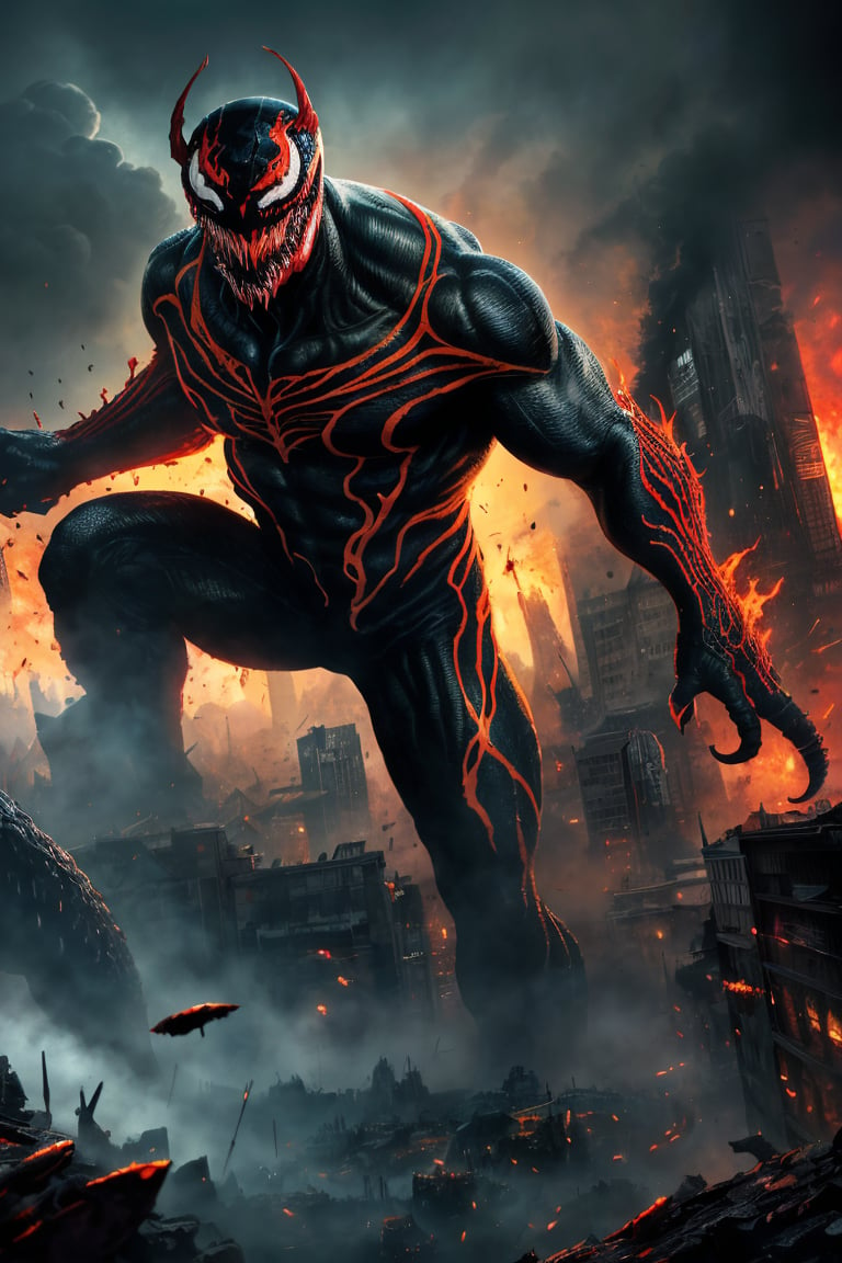 (best quality, 8K, highres, masterpiece), ultra-detailed, (colorful, fantasy-themed) fusion of Carnage from Marvel and Godzilla. Picture vibrant red tentacles protruding from the entire body, creating a chaotic scene of destruction in a city bathed in colorful hues. Splashes of blood add to the vivid and epic atmosphere. The character, with cataclysmic white eyes like Venom, stands taller than buildings, possessing an oversized and gigantic presence (gigantic:1.9). The artwork is in absurdres, featuring intricate details and hyperdetailed elements, with an 8K HDR display of high quality. The soft cinematic light and dramatic atmosphere are complemented by atmospheric perspective, resulting in a visually stunning and super colorful masterpiece