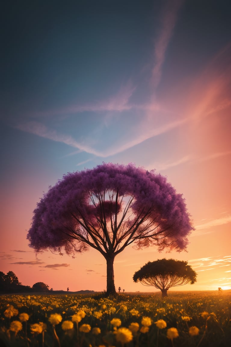 (best quality,  8K,  highres,  masterpiece),  ultra-detailed,  (hyper-colorful,  vivid),  photograph capturing dandelions against a glorious and super colorful sunset. Shot by the renowned photographer Lee Jeffries using a Nikon D850,  the film stock used is Kodak Portra 400,  resulting in rich and vibrant colors. The f1.6 lens adds a lifelike texture to the scene,  while dramatic lighting enhances the overall effect,  creating a hyper-realistic portrayal. Trending on ArtStation and utilizing Unreal Engine,  this Cinestill 800 masterpiece is a burst of super colorful beauty