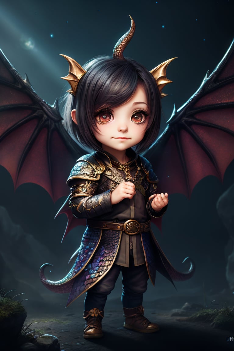 cute chibi baby dragon,  cinematic background,  vibrant colors,  UHD,  16k,  3D rendering,  detailed scales,  adorable face and expression,  sparkling eyes,  fluffy wings,  playful pose,  magical atmosphere,  realistic textures,  professional artwork,  fantasy art style,  mystical lighting,  captivating composition,  epic fantasy scene