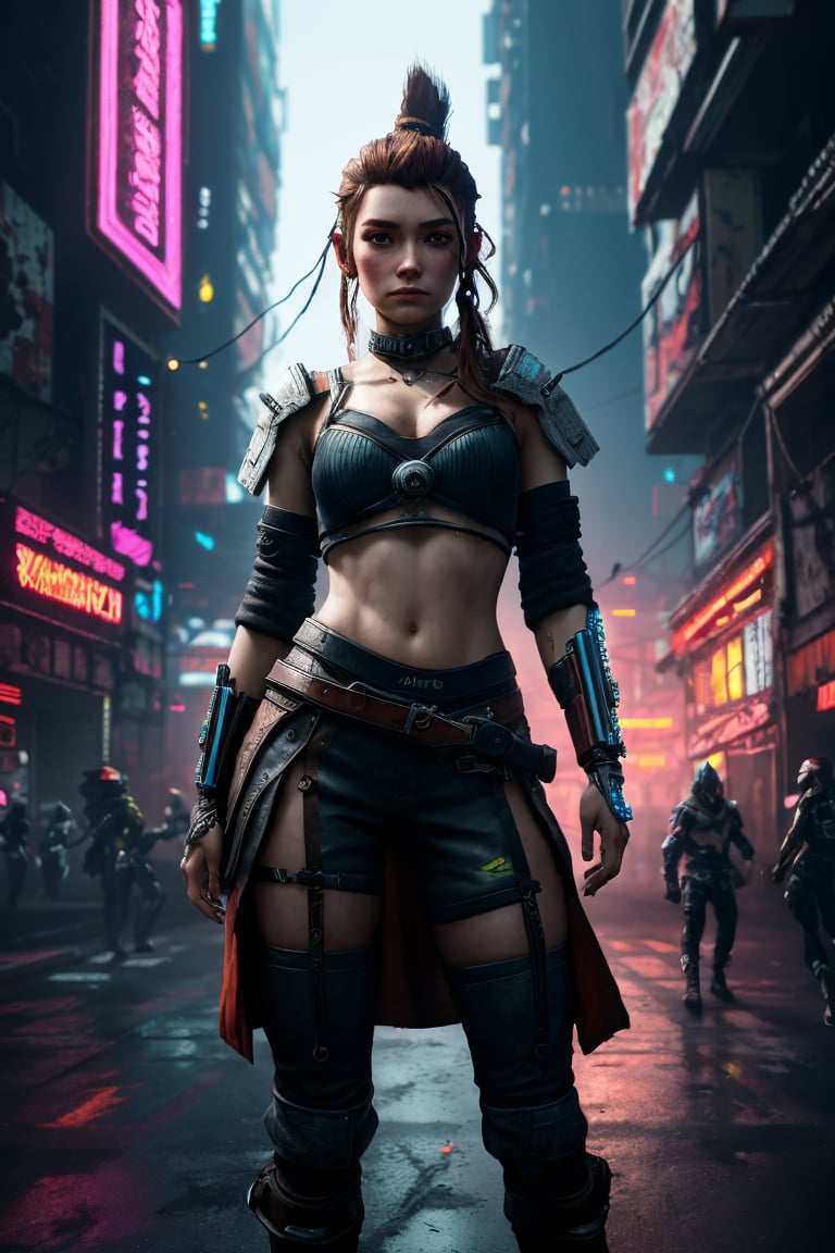 (best quality,  4K,  8K,  highres),  ultra-detailed,  (futuristic cyberpunk illustration) portraying an American Caucasian heroine reminiscent of Aloy from Horizon Zero Dawn. Immerse yourself in a mesmerizing digital realm where this iconic character dons a cutting-edge cyberpunk ensemble,  covering her entire figure. The high-resolution artwork unveils a world of urban sleekness,  featuring Aloy in a sleek and modern cyberpunk outfit that gleams with reflective surfaces and neon accents,  creating a visually striking and technologically advanced aesthetic. The artist's skilled strokes vividly capture Aloy's determination and strength,  with atmospheric lighting that intensifies the cyberpunk ambiance. An exceptional masterpiece that seamlessly fuses gaming and cyberpunk elements,  presenting Aloy in a new light that resonates with awe-inspiring futuristic glory.