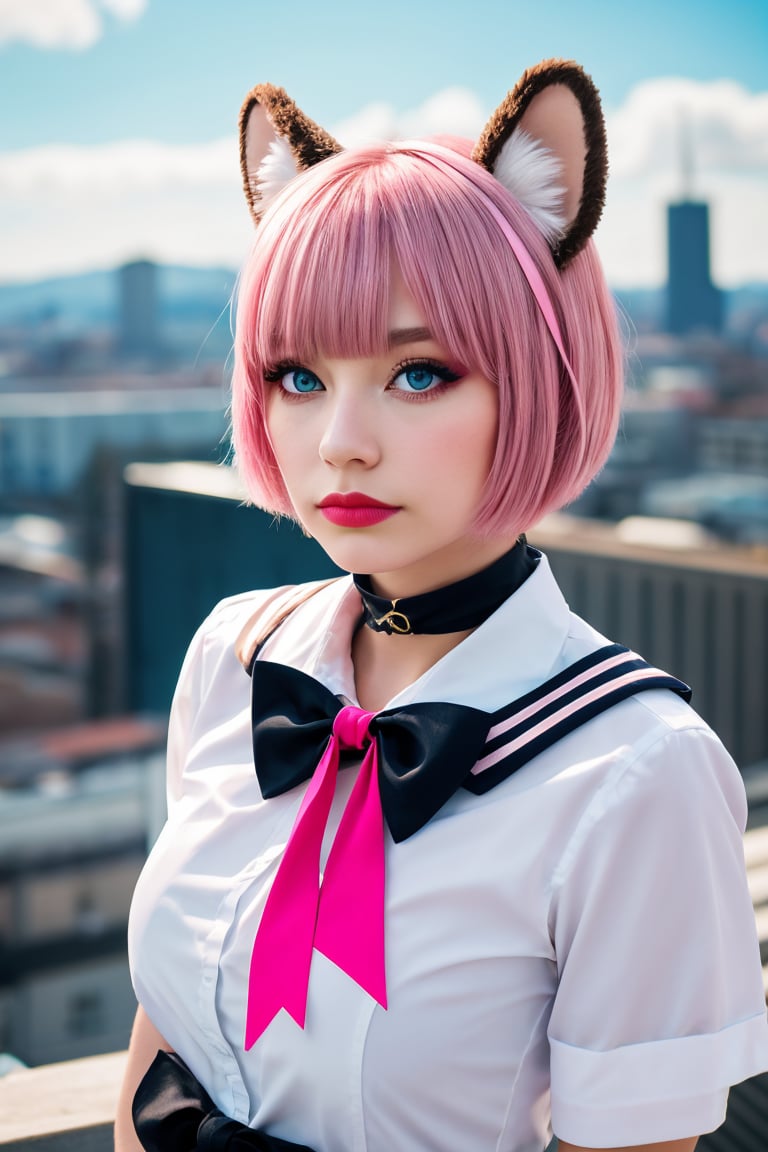 skistyle,  1girl,  solo,  pink hair,  animal ears,  blue eyes,  wings,  looking at viewer,  bangs,  short hair,  bow,  sailor collar,  white sailor collar,  hair bow,  pink bow,  closed mouth,  shirt,  white shirt,  bear ears,  bob cut,  mini wings,  portrait,  detached wings,  makeup,  upper body,  city in background