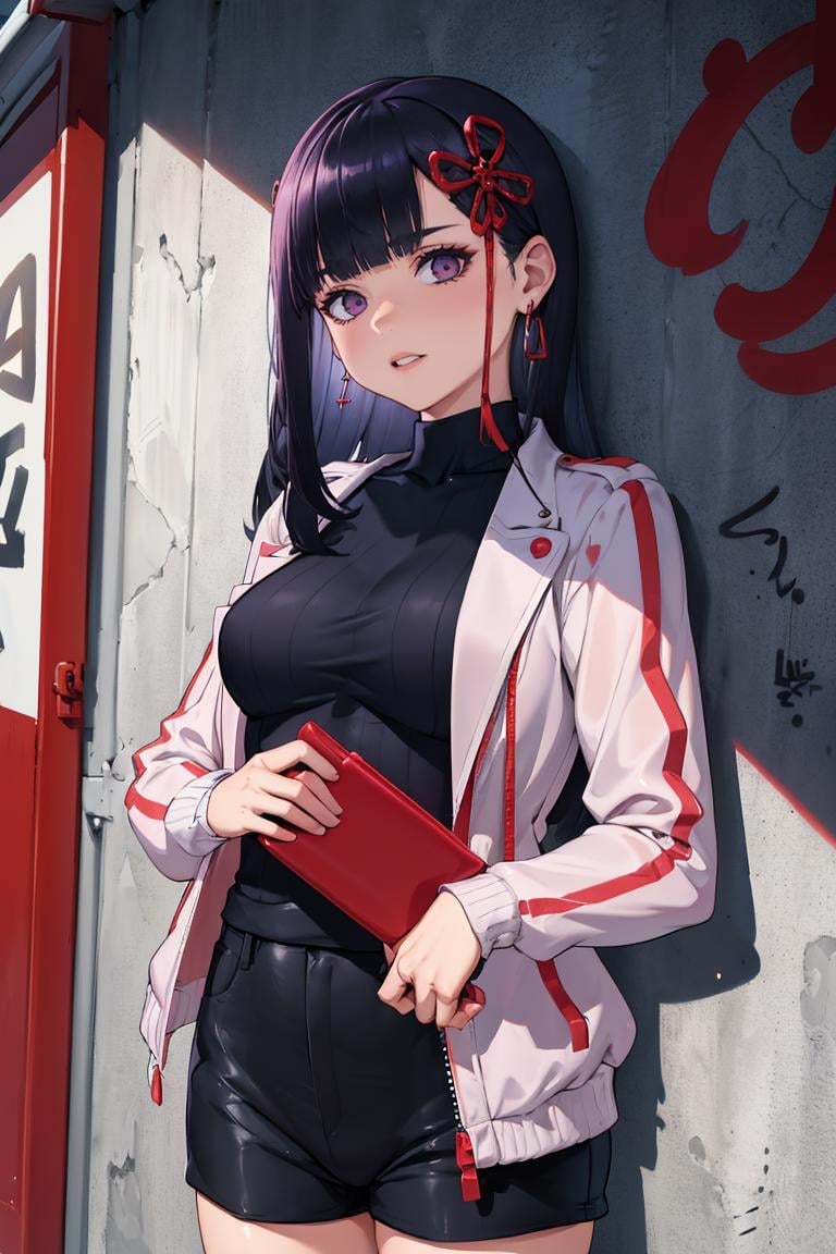 masterpiece, best quality, absurdres, YamashiroRen, blunt bangs, hair ornament, earrings, sharp eyes, choker, neon shirt, open jacket, turtleneck sweater, night, against wall, brick wall, graffiti, dim lighting, alley, looking at viewer, <lora:CHAR-YamashiroRen:1>