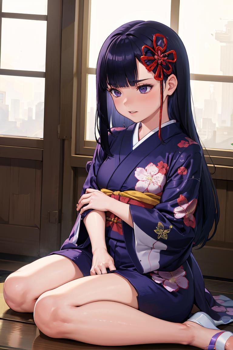 masterpiece, best quality, absurdres, YamashiroRen, blunt bangs, hair ornament, indoors, kimono, hair flower, floral print, wariza, sitting, hands on own knees, <lora:CHAR-YamashiroRen:1>