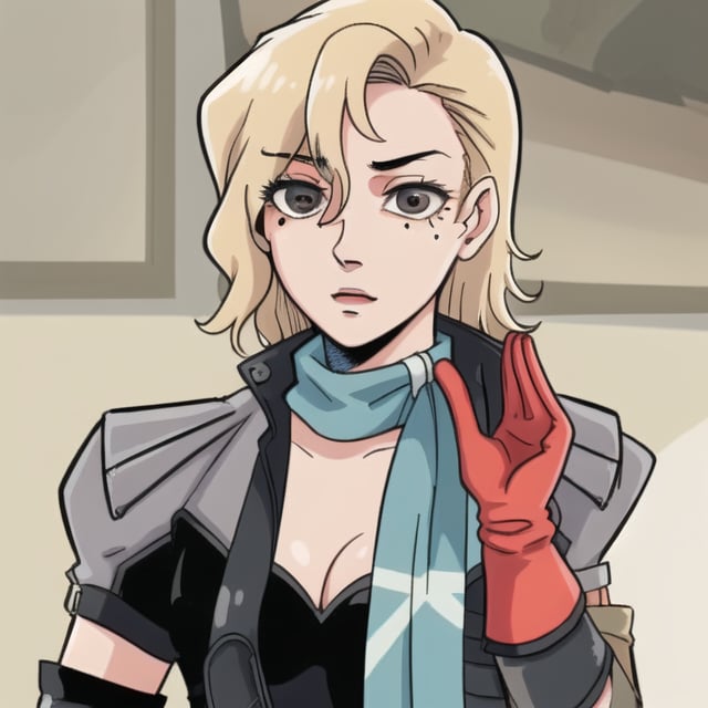 hirokosmtii, blonde hair, gloves, mole under eye, scarf, jacket