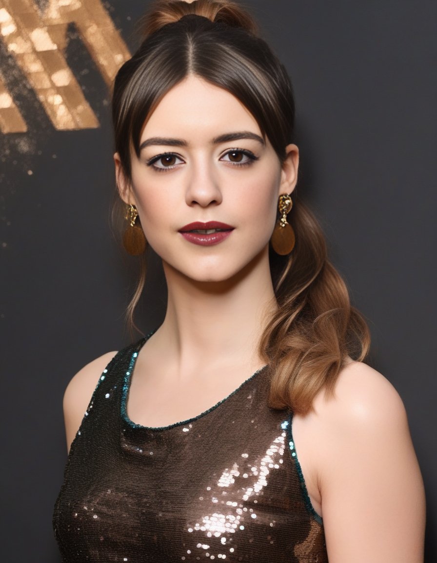 DaisyEdgarJones,<lora:DaisyEdgarJonesSDXL:1>The image features a beautiful woman wearing a dark grey sequin dress, which is adorned with bronze sequins. She is posing for the camera, with her hand on her chin, lipstick, and her long hair is styled in a ponytail. The woman appears to be confident and poised, showcasing her elegant attire and striking appearance.